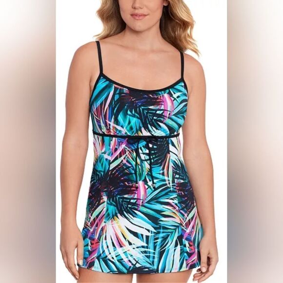 SWIM SOLUTIONS Tummy-Control Empire-Waist Swimdress NWOT size 12 tropical - Picture 1 of 5